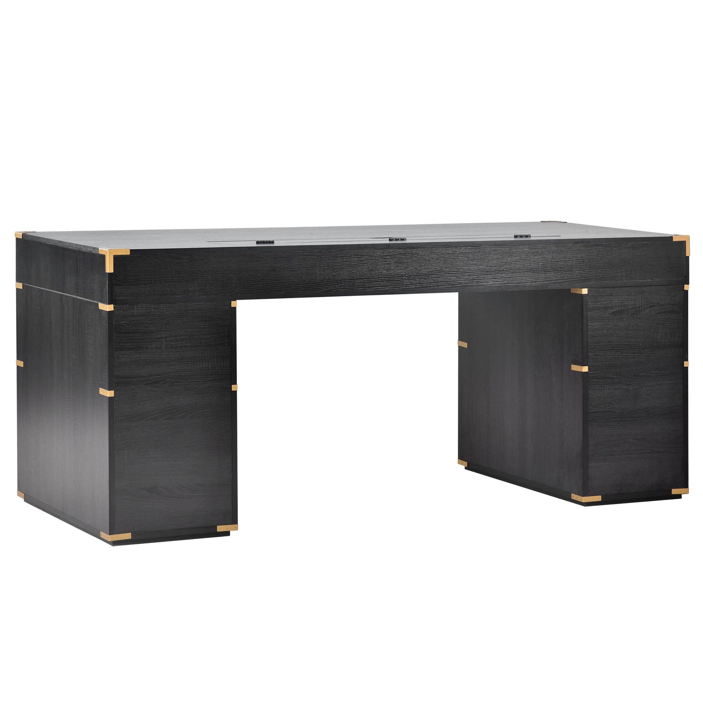 70 inch classic and traditional executive desk with metal trim, writing desk with 2 file drawers, USB ports, and sockets, black - Korvel