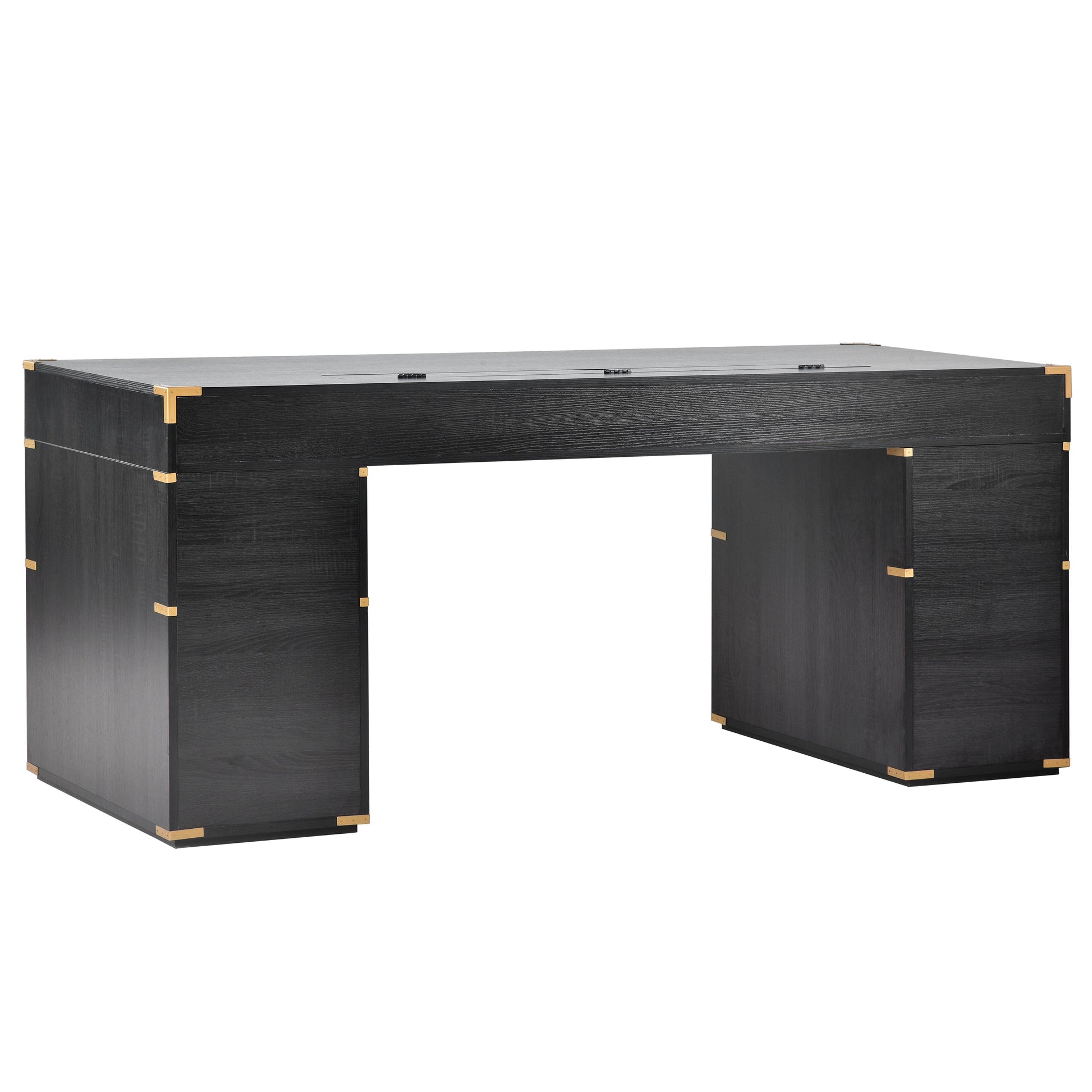 70 inch classic and traditional executive desk with metal trim, writing desk with 2 file drawers, USB ports, and sockets, black - Korvel
