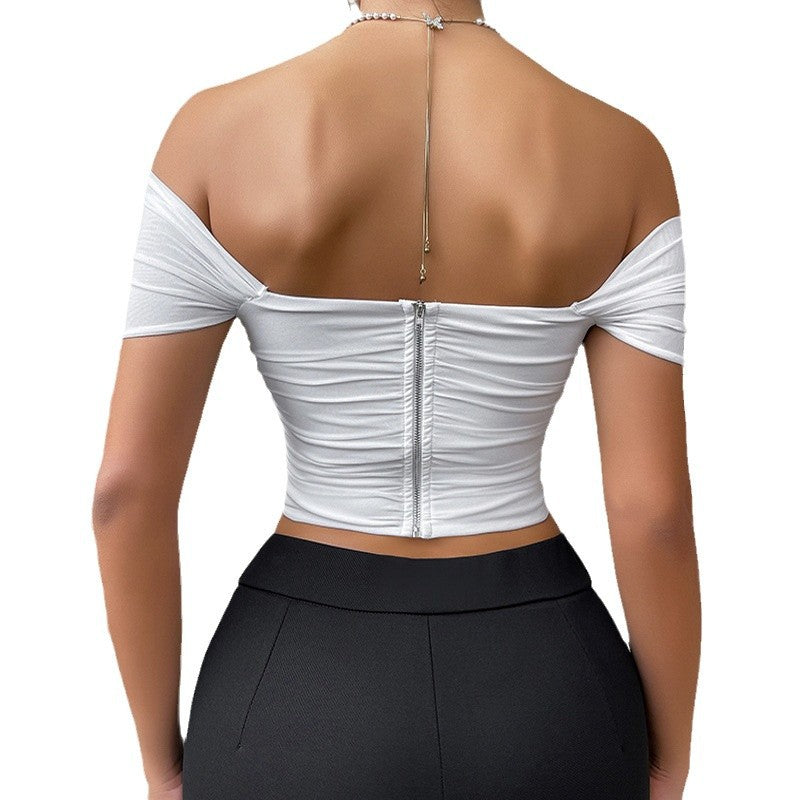Fishbone waist cinched strapless camisole vest corset one shoulder short sleeved top for women - Korvel