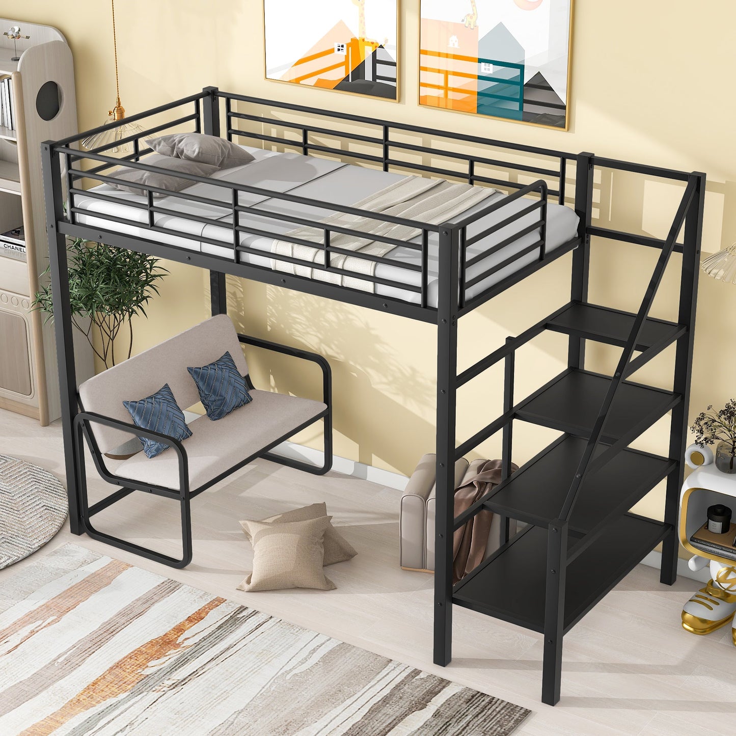 Twin Size Metal Loft Bed with Bench and Storage Staircase  Black - Korvel
