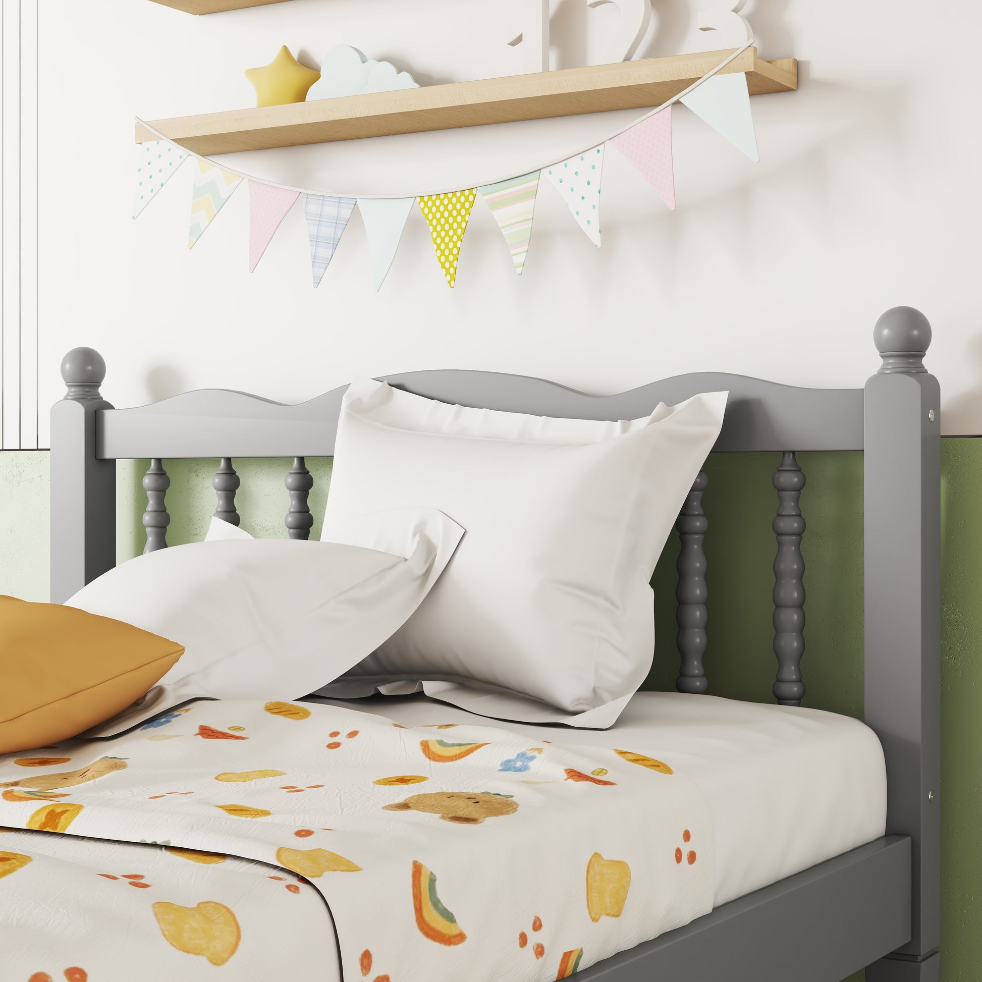 Twin Bed with Column-Decoration Headboard, with Bed Slats,Grey - Korvel