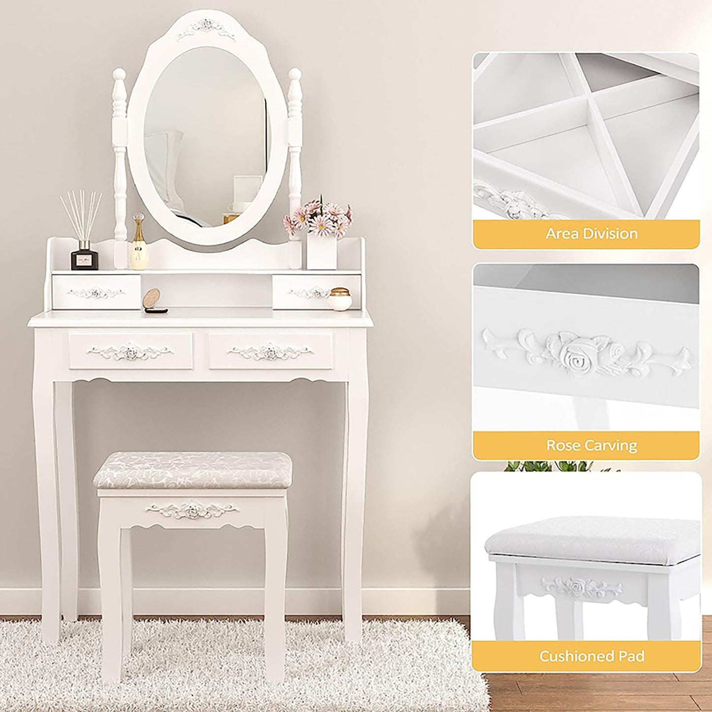 Vanity Table Set with 4 Drawer, Makeup Dressing Table w/Cushioned Stool, Girls Women Bedroom Furniture Set Oval Mirror - Korvel