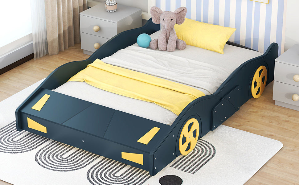 Full Size Race Car-Shaped Platform Bed with Wheels and Storage, Dark Blue+Yellow - Korvel