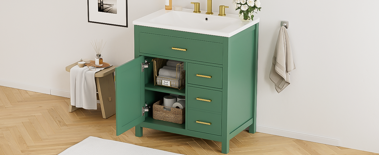 30-Inch Green Bathroom Vanity with Ceramic Sink