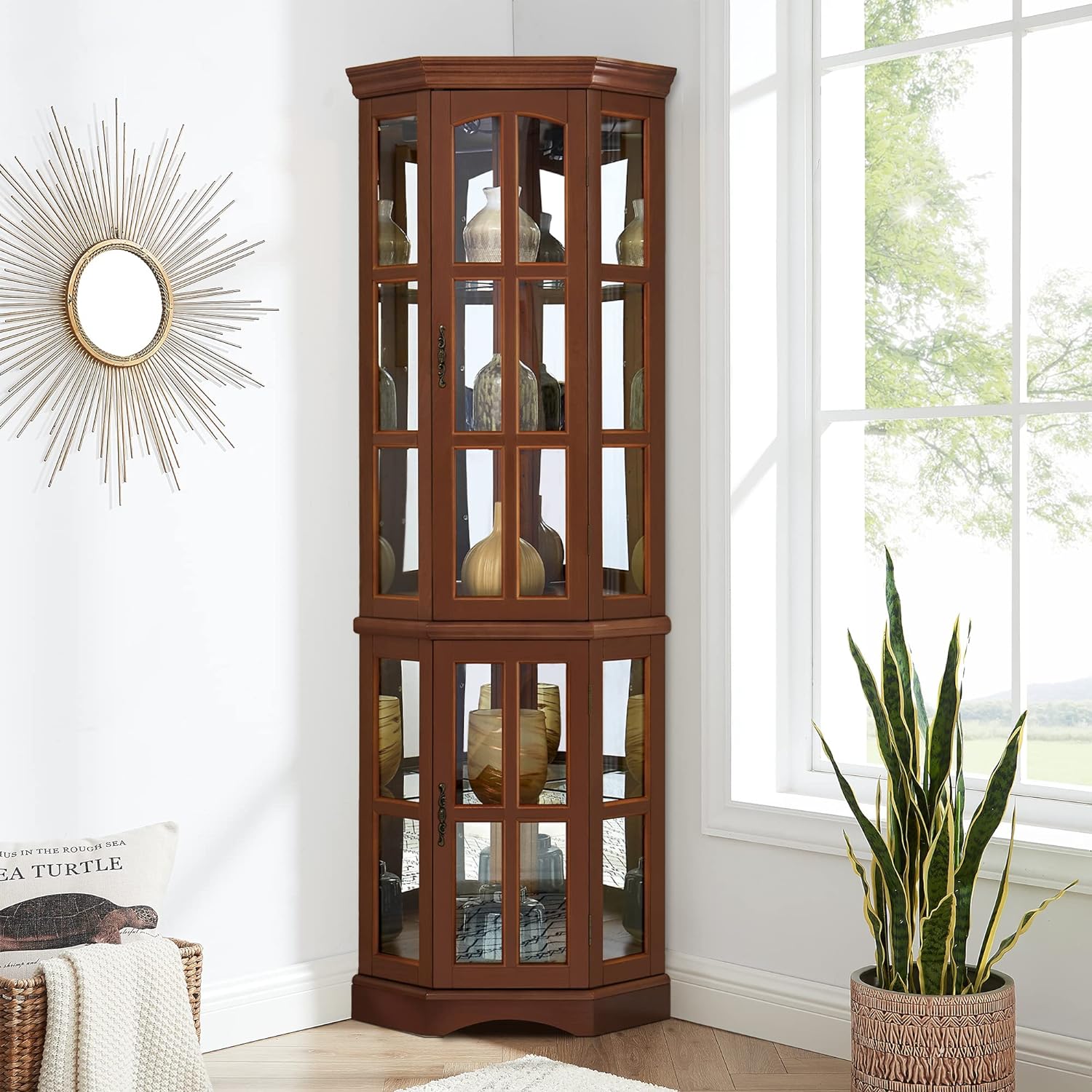 Corner Curio Cabinet with 5 Shelves and Lighting System, Walnut(E26 light bulb not included) - Korvel