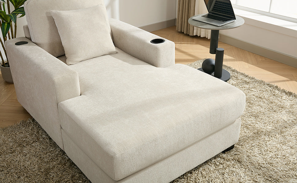 39.7" Oversized Chaise Lounger Modern Style Sofa Couch ,with Pillows, Charge Station & Cup Holders, Chenille Fabric, Cream - Korvel