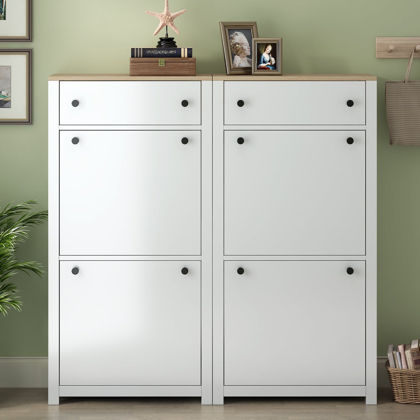 ONTREND ultra-thin shoe cabinet set with 4 flip drawers and adjustable panel top shoe rack, white - Korvel