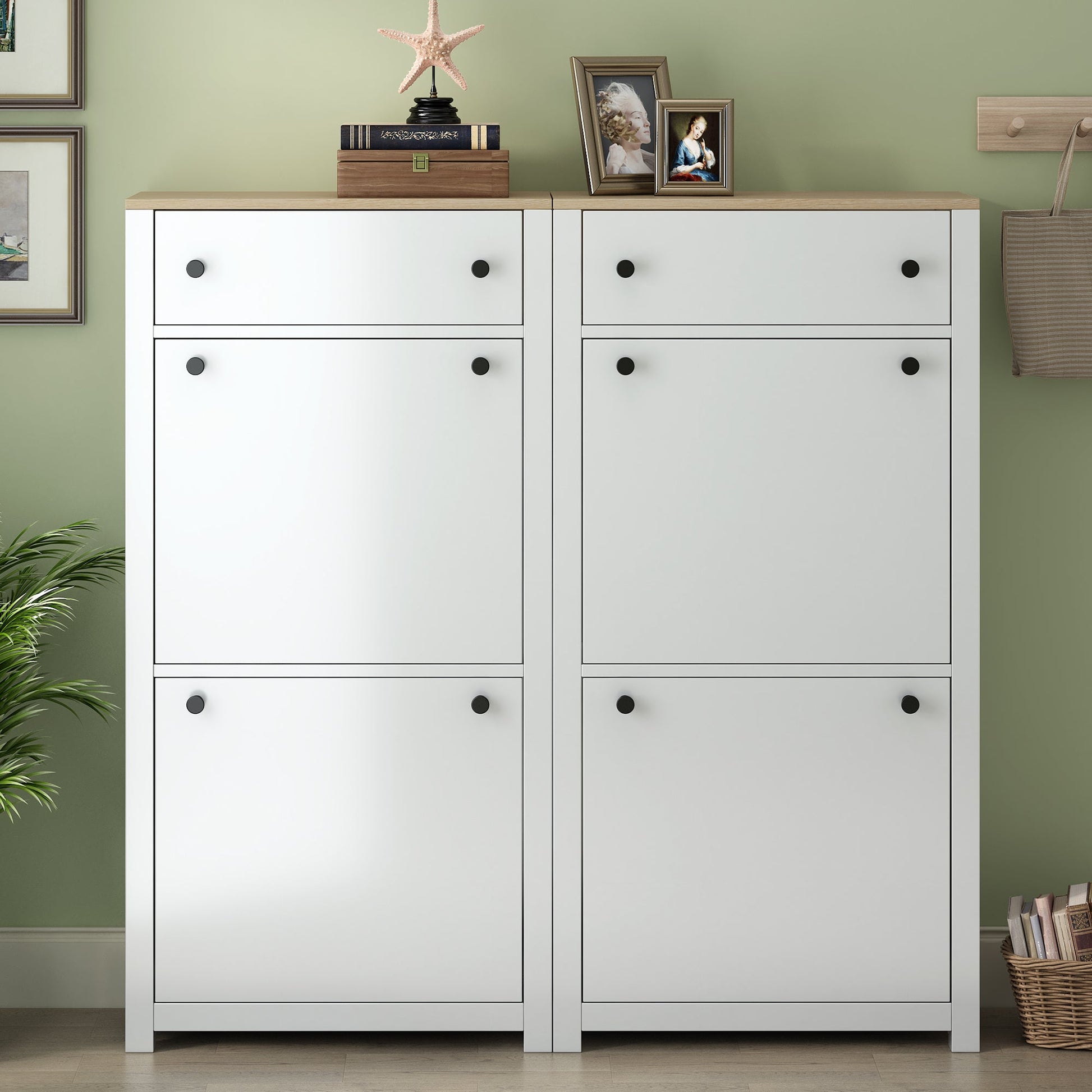 ONTREND ultra-thin shoe cabinet set with 4 flip drawers and adjustable panel top shoe rack, white - Korvel