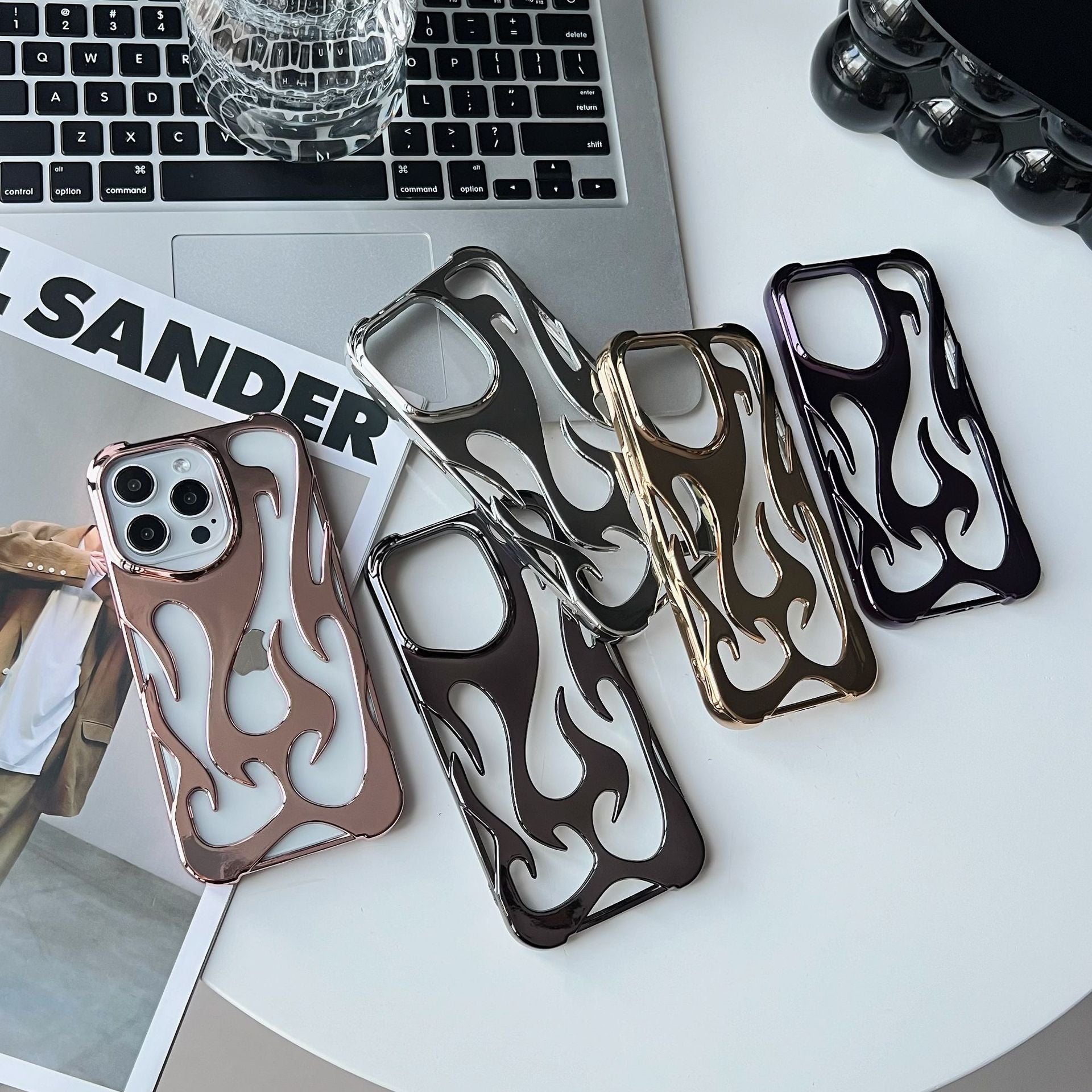 Electroplated hollow flame pattern phone case suitable for iPhone 15 Pro, simple all inclusive, Apple 14 anti drop protective cover - Korvel