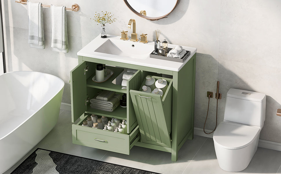 Meuble de salle de bain vert de 36" avec évier et rangement
