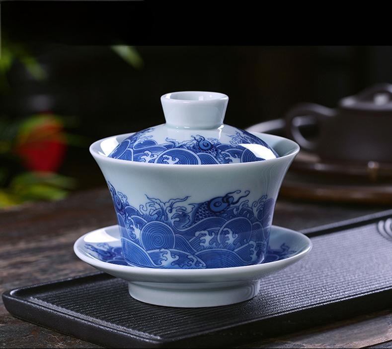 Ceramic set, three talents, covered bowl, old clay, retro kung fu tea set, tea bowl, underglaze tiger cup, Jingdezhen - Korvel