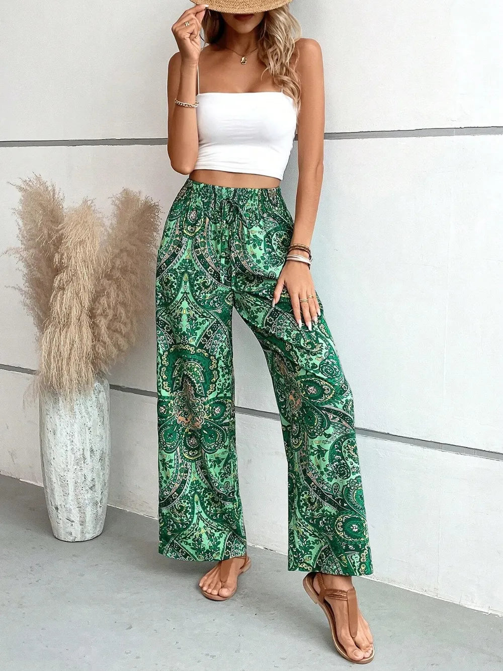 Printed Wide Leg Pants - Korvel