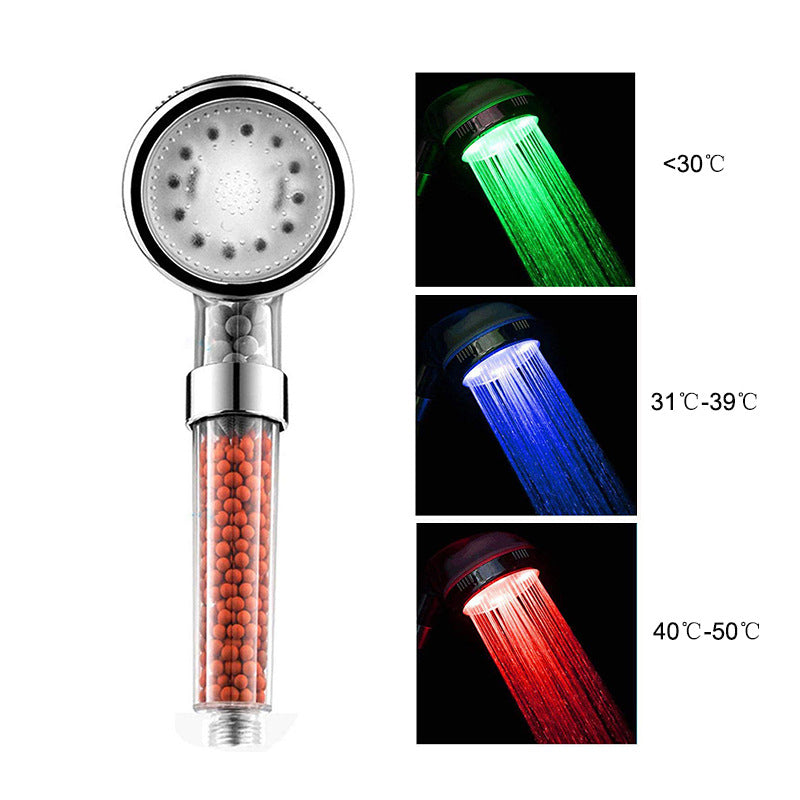 LED Luminous Colorful Shower Nozzle Negative Ion Self Generating Shower Head Three Color Temperature Controlled Led Handheld Shower - Korvel