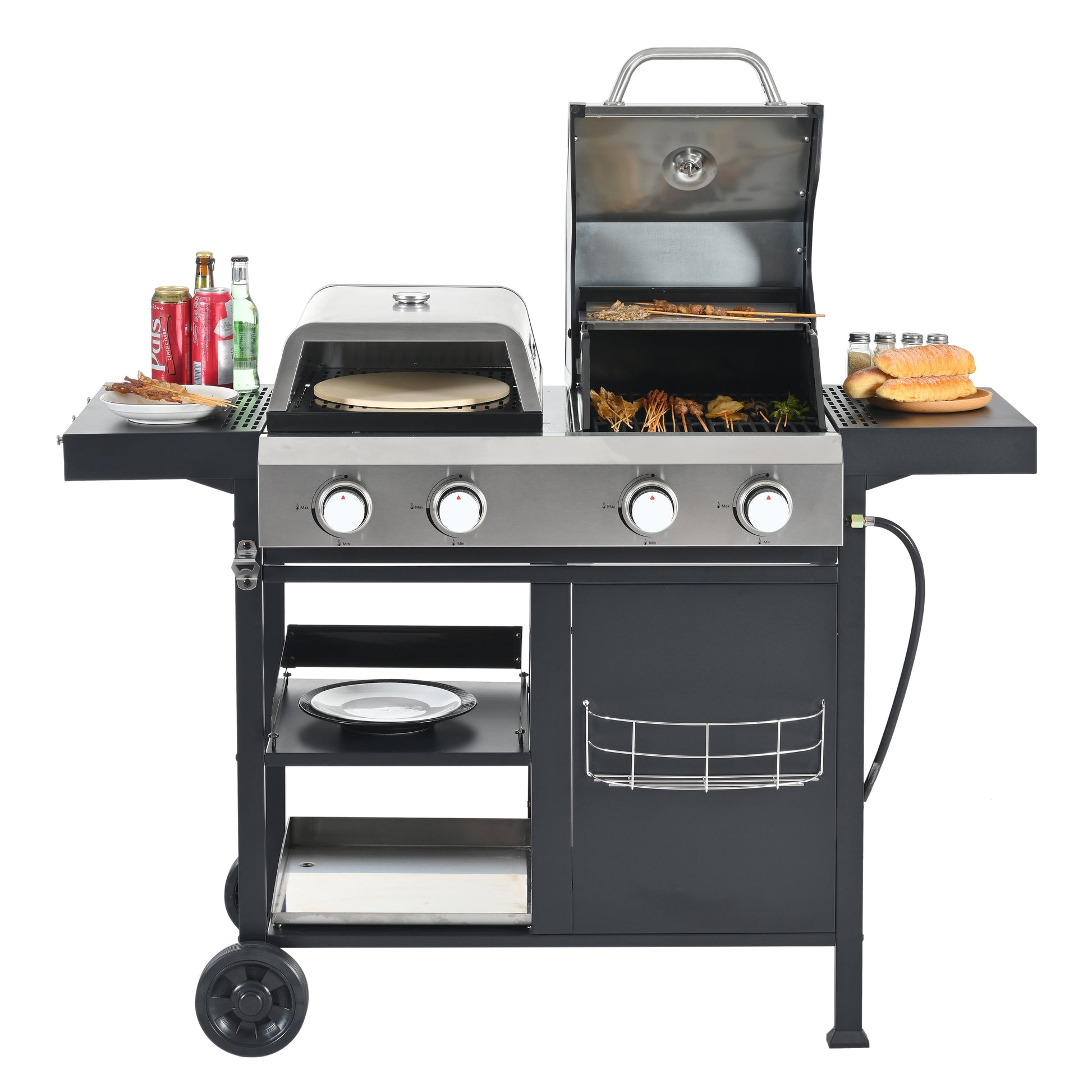 2+2 multifunctional gas barbecue grill and covered grill combination for outdoor cooking - barbecue, barbecue, pizza. - Korvel