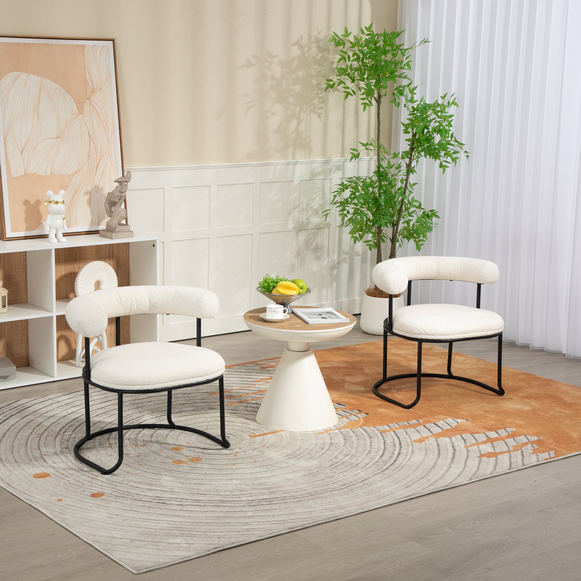 COOLCOOL Boucle dining chair set of two, medieval modern curved backrest chair, round cushion (beige Boucle) - Korvel