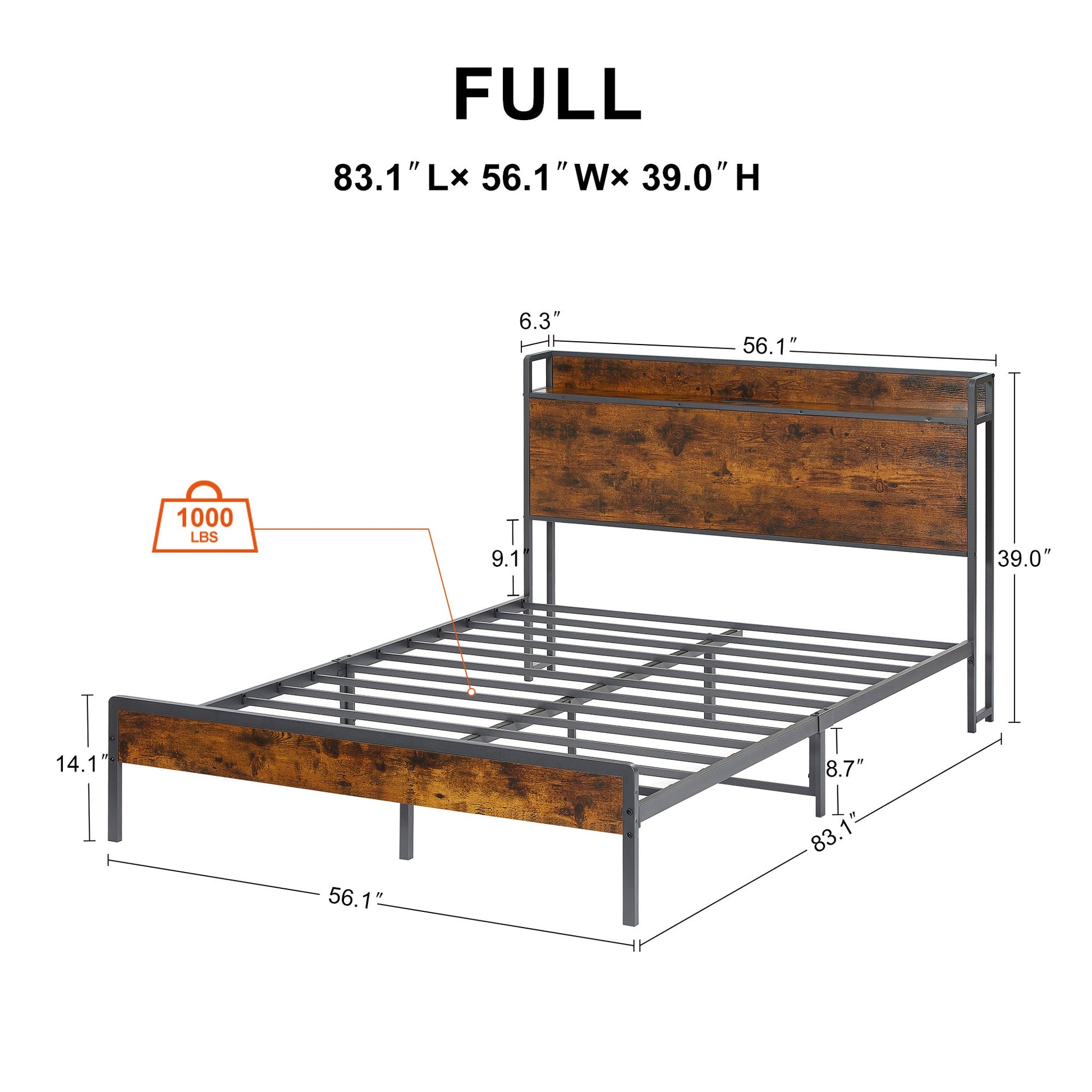 Bed frame with charging station full size, Rustic Brown, 83.1'' L x 56.1'' W x 39'' H - Korvel