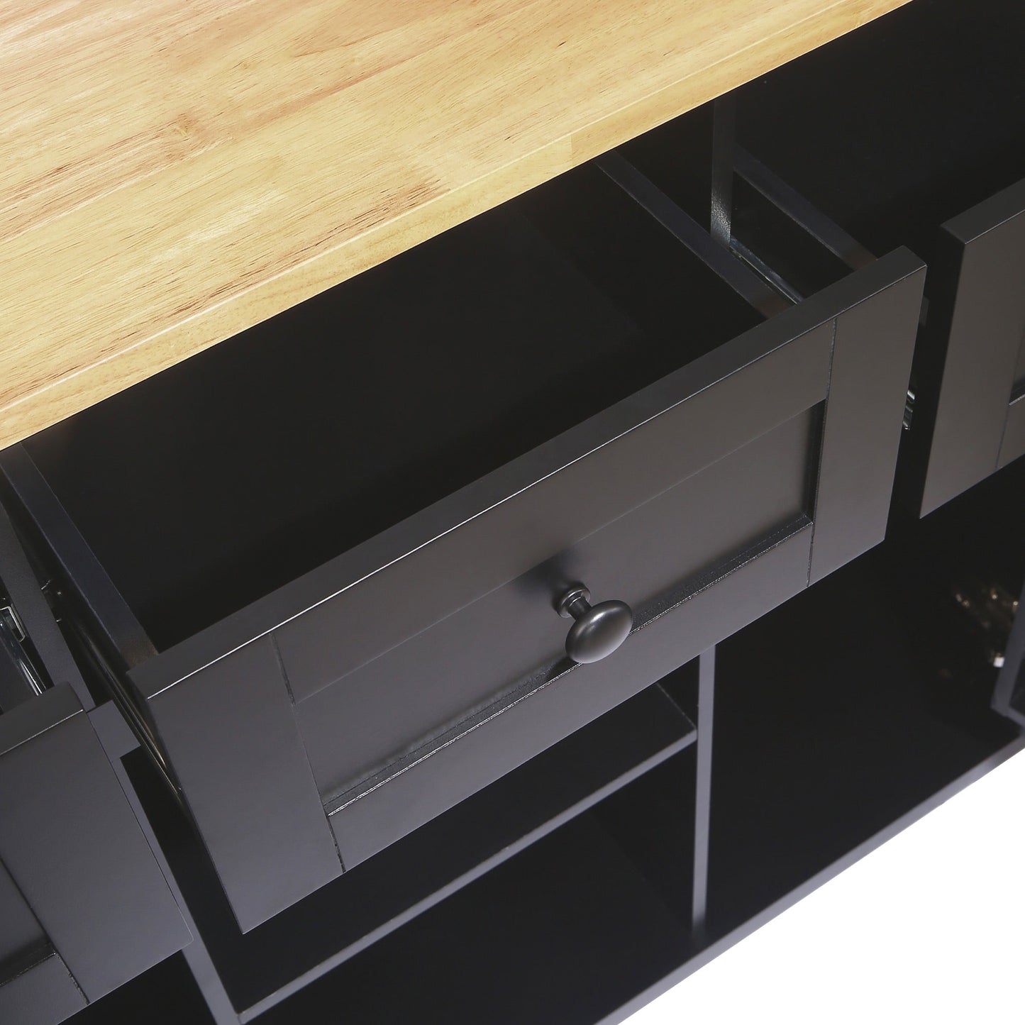 Kitchen trolley with rubber wood leaf countertop, 5-wheel kitchen island, storage cabinet and 3 dining drawers, black - Korvel
