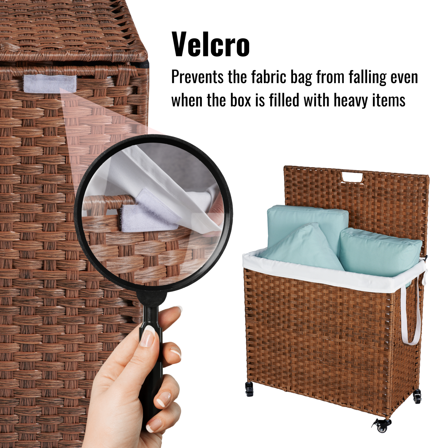 Laundry Hamper With Lid PE Rattan Powder Coating Frame Clothes Hampers with 02 Removable Bags, Wheels, 160L, Brown Color - Korvel
