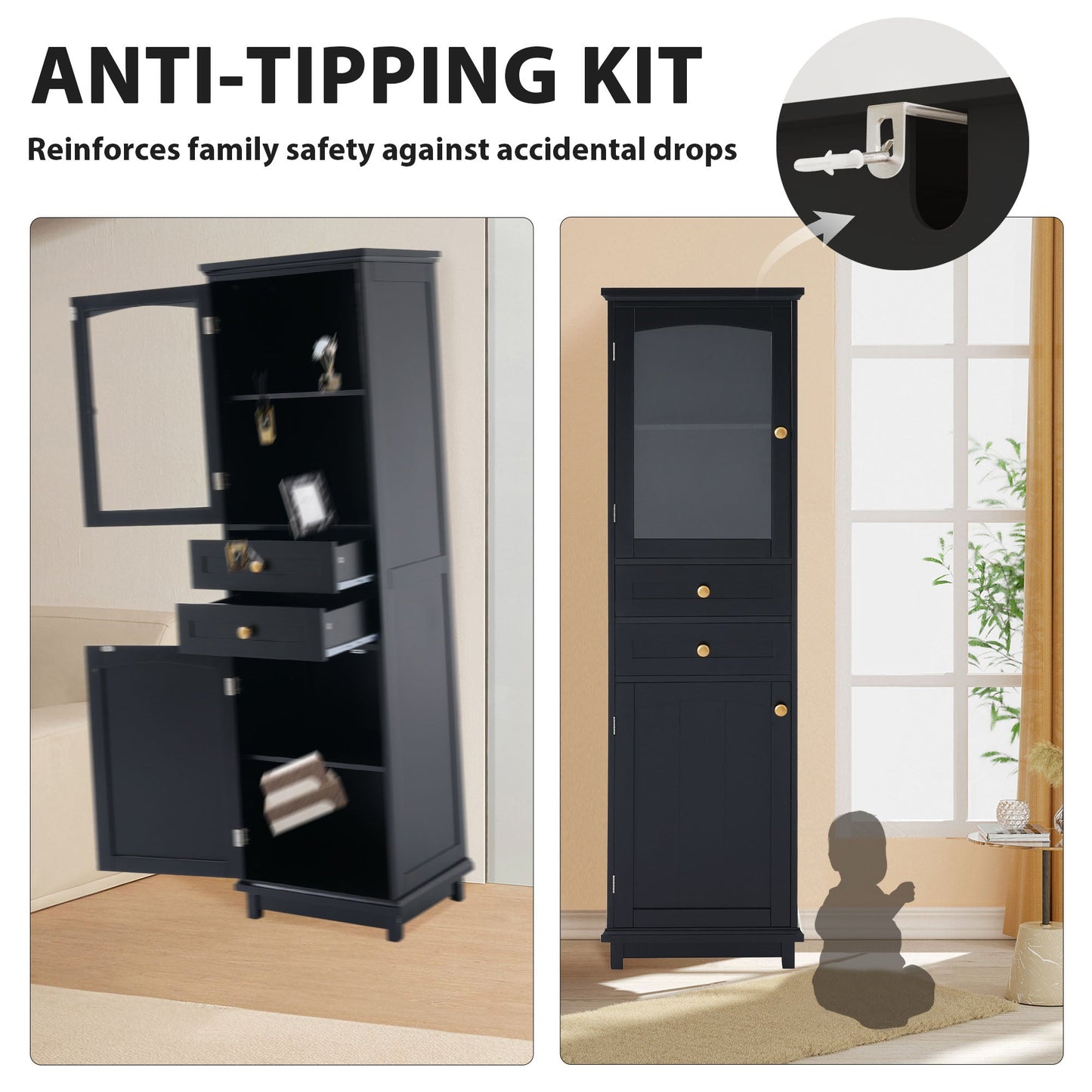 Tall Bathroom Storage Cabinet with Glass Doors, Free-Standing, Two Drawers, and Adjustable Shelves, MDF Board, Painted Black - Korvel