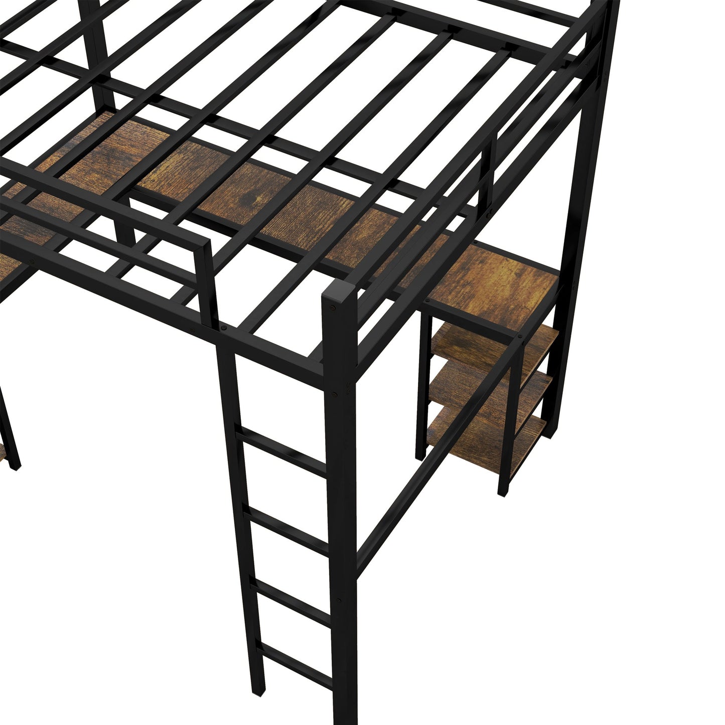 Full Metal Loft Bed with Desk and Shelves, Loft Bed with Ladder and Guardrails, Loft Bed Frame for Bedroom, Black - Korvel