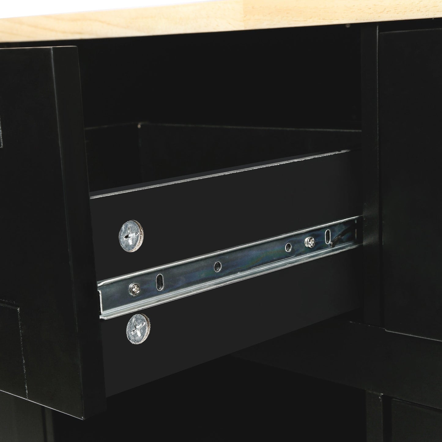 Kitchen trolley with rubber wood leaf countertop, 5-wheel kitchen island, storage cabinet and 3 dining drawers, black - Korvel