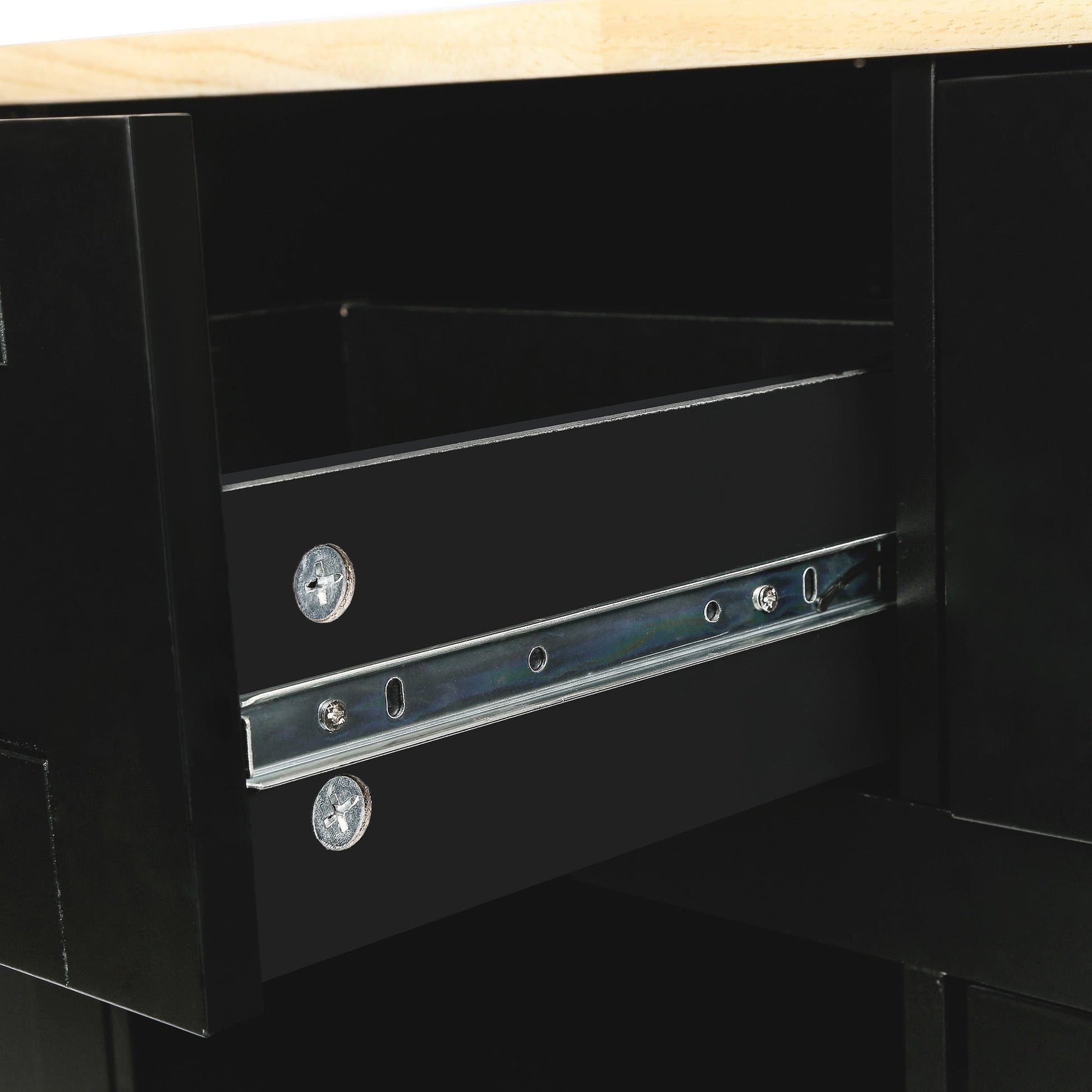 Kitchen trolley with rubber wood leaf countertop, 5-wheel kitchen island, storage cabinet and 3 dining drawers, black - Korvel