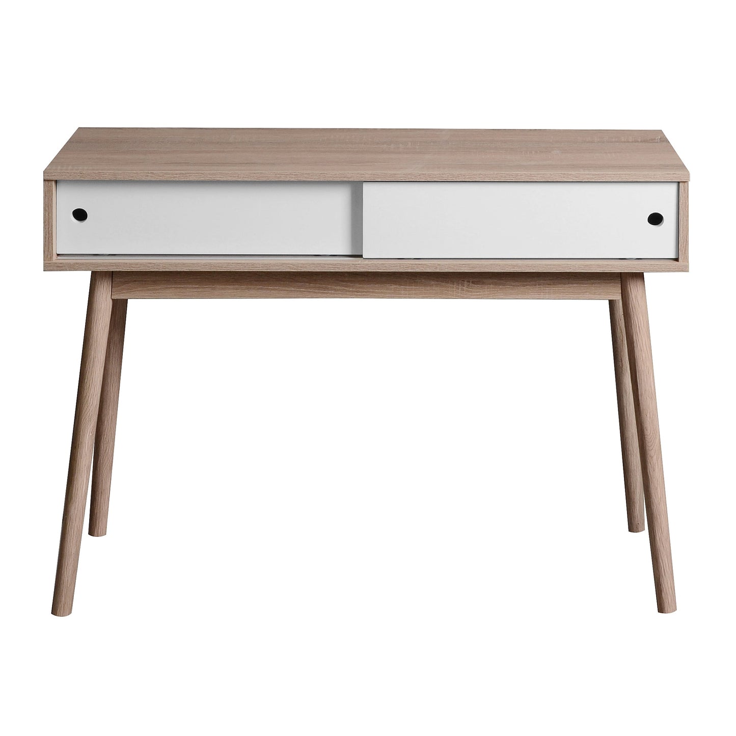 Kitchen Mid-Century Table Writing Desk with 2 Push-pull White Panel Drawers and Wood Legs, Natural Color - Korvel