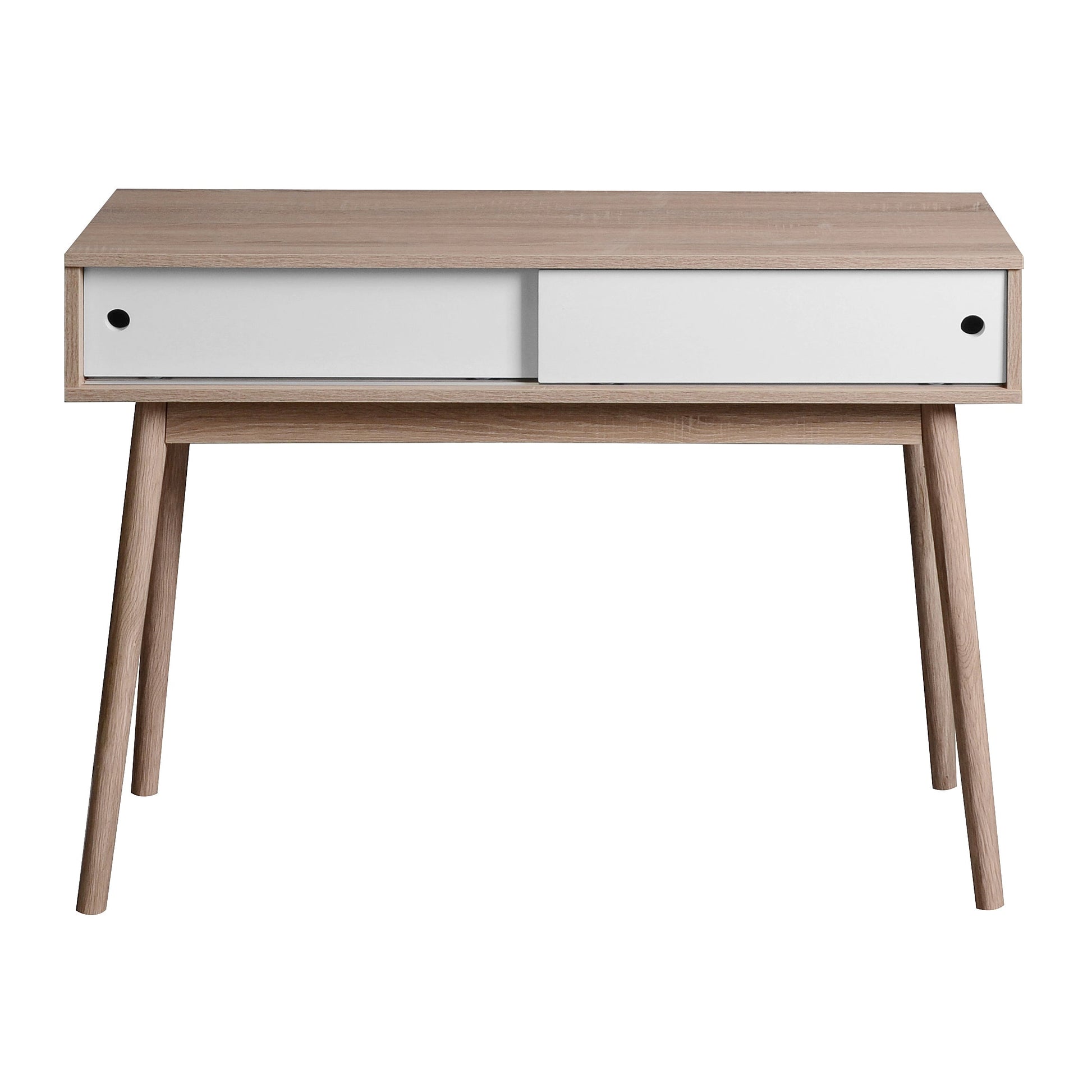 Kitchen Mid-Century Table Writing Desk with 2 Push-pull White Panel Drawers and Wood Legs, Natural Color - Korvel