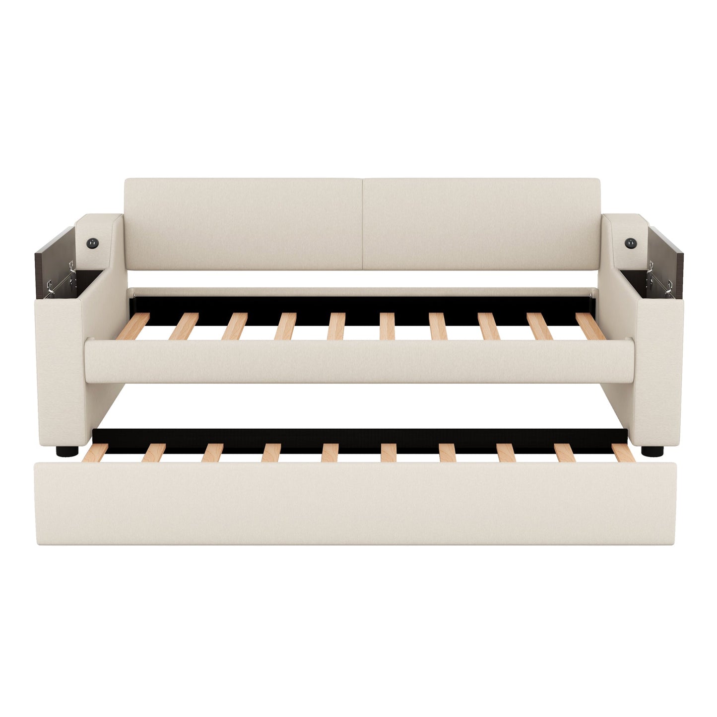 Twin Size Upholstery Daybed with Storage Arms and USB - Beige