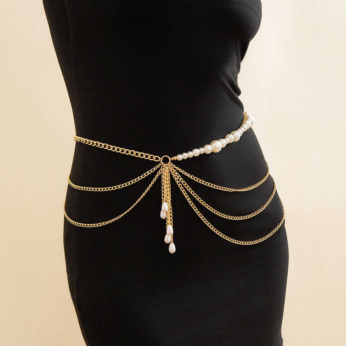 Ins style double-layer pearl retro love bow tassel Waist chain - Korvel