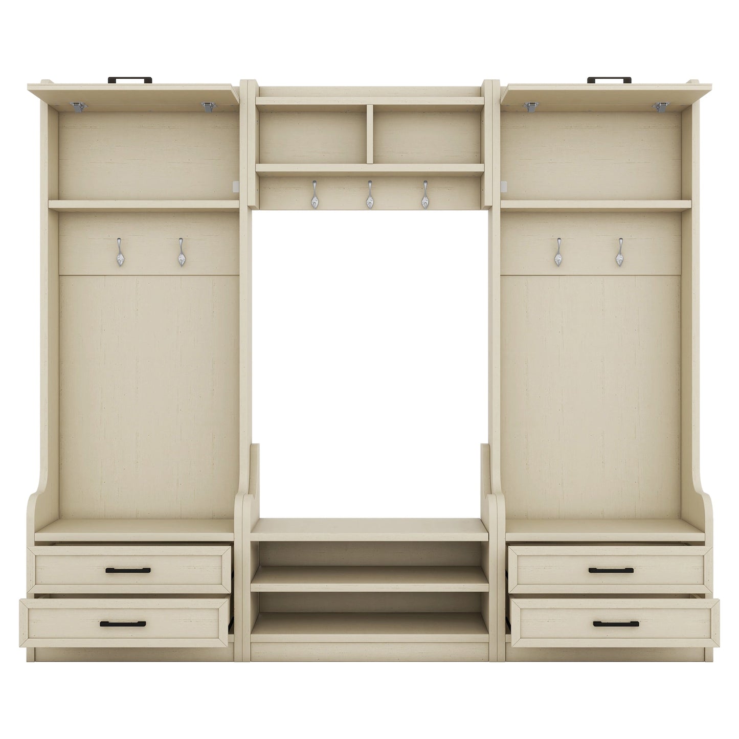 Four in one detachable hall tree with drawers and cabinets, 7 hooks, multifunctional corridor hangers, antique beige shoe stools - Korvel