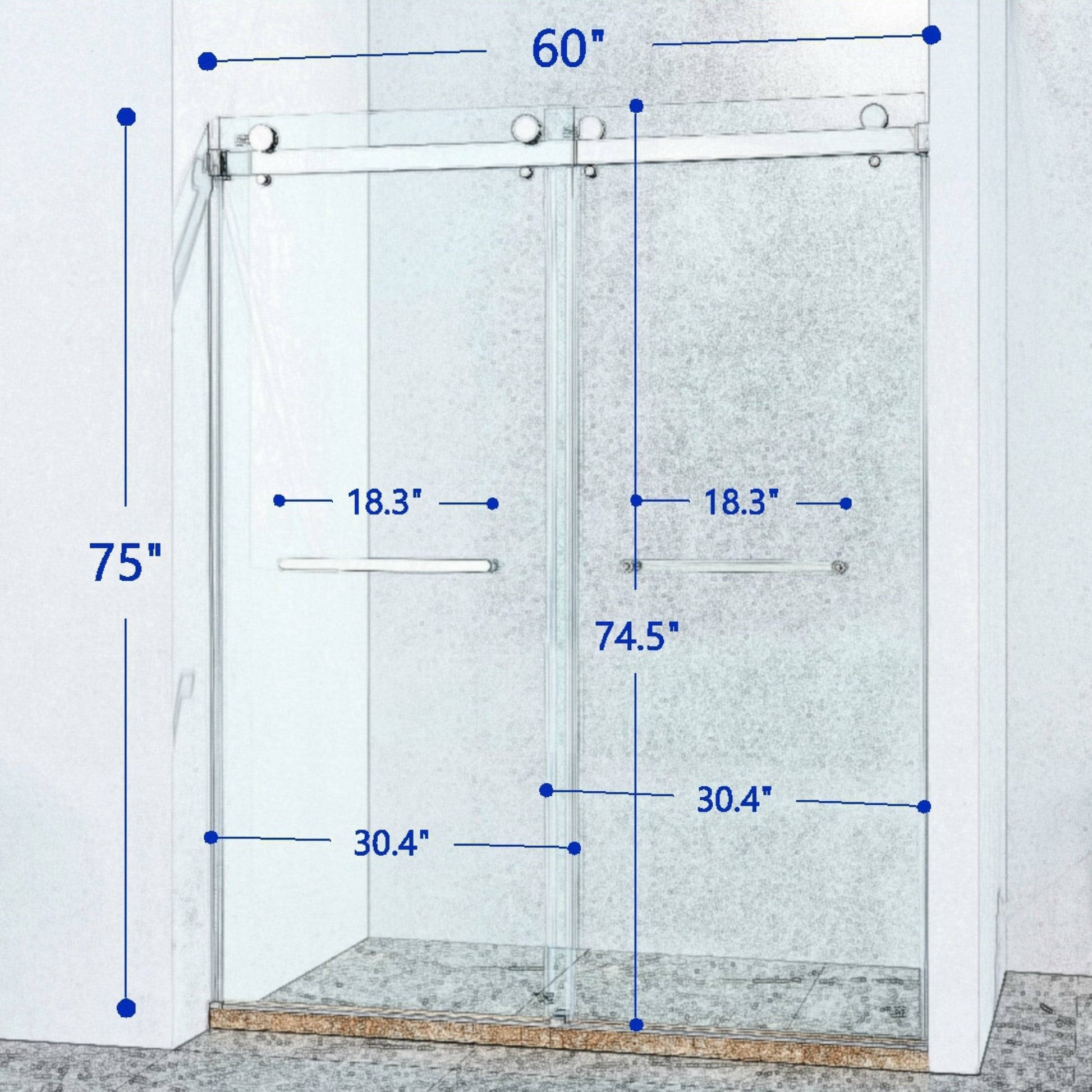 56-60 "wide x 75" high frameless double sliding shower door, 304 stainless steel chrome plated, 8mm thick SGCC tempered transpar - Korvel