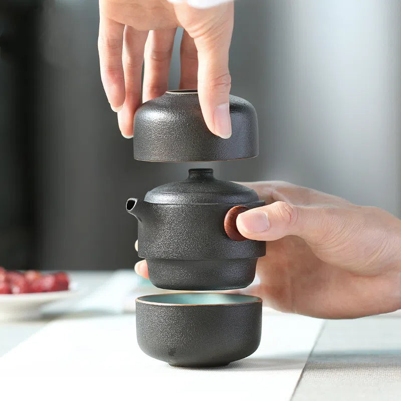 Black pottery quick guest cup one pot two cups household outdoor travel tea set portable bag Kung Fu outdoor portable bubble - Korvel