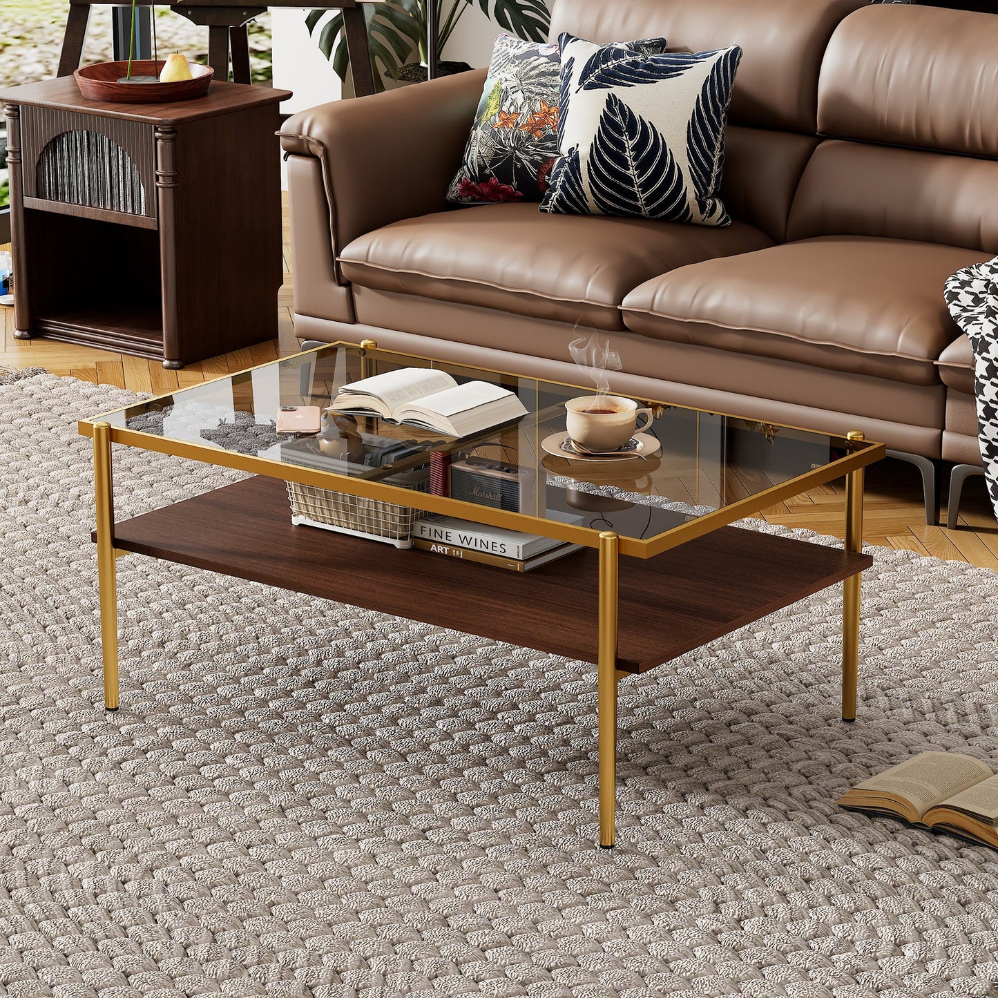 Rectangle Coffee Table with Gray Tempered Glass top and Golden Legs, Modern Table for Living Room - Korvel