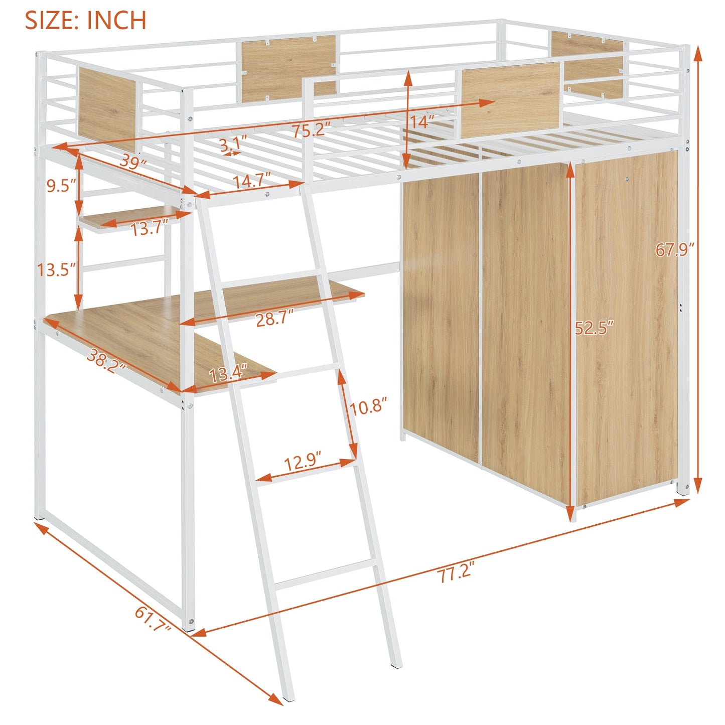 Lit mezzanine taille twin avec bureau en L et armoire - Blanc