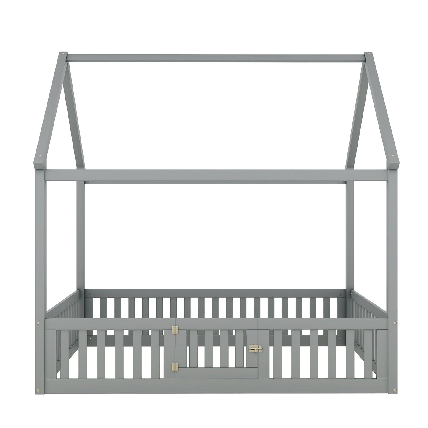 Full Size Wood House Bed with Fence and Door, Gray - Korvel