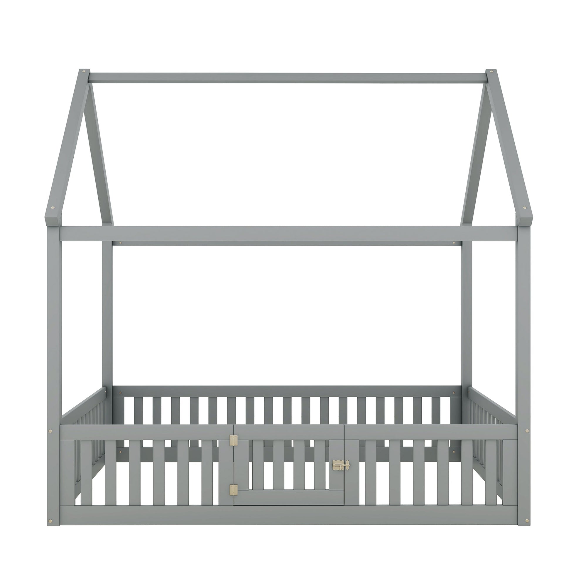 Full Size Wood House Bed with Fence and Door, Gray - Korvel