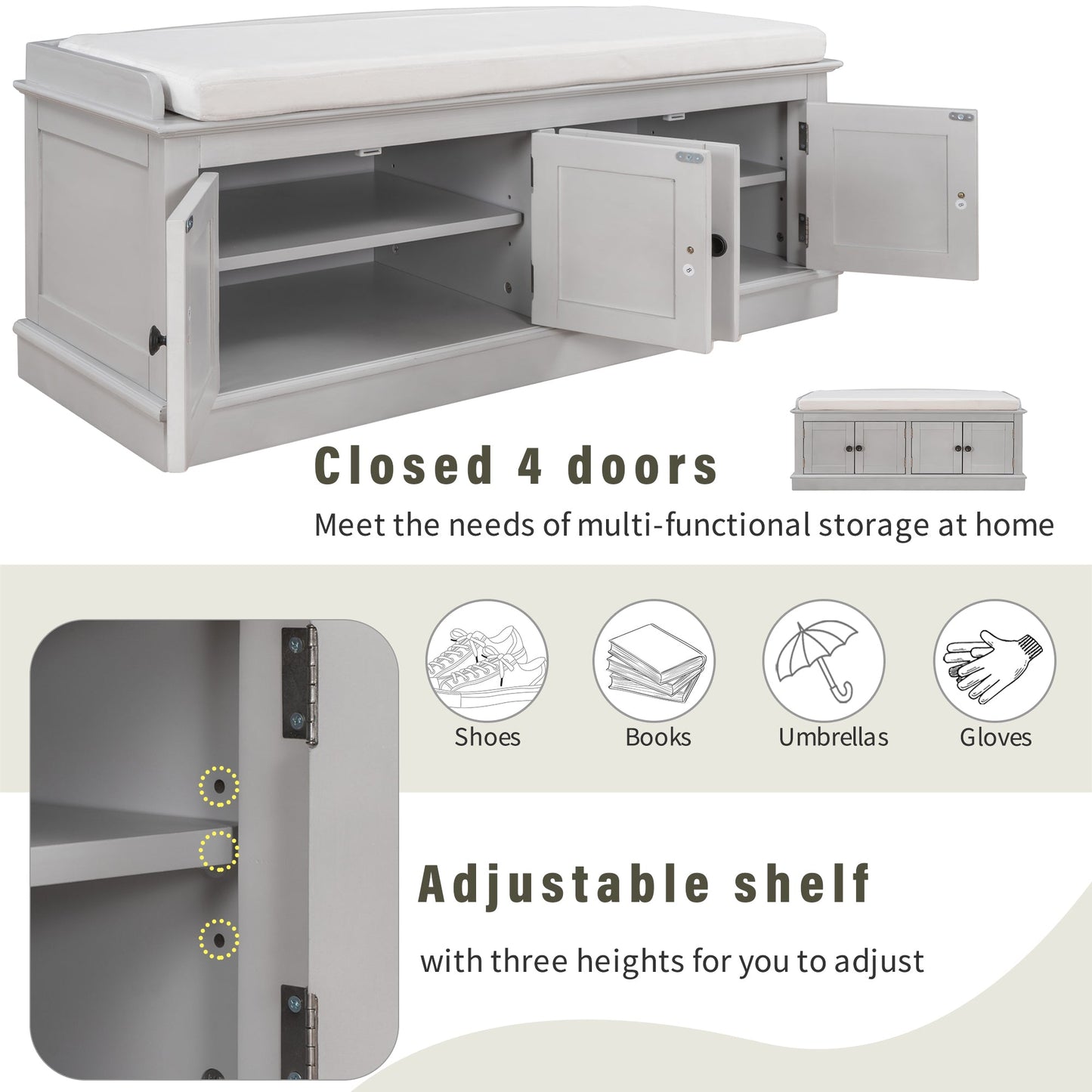 TREXM storage table with 4 doors and adjustable shelves and detachable cushioned shoe stand(Gray Wash) - Korvel