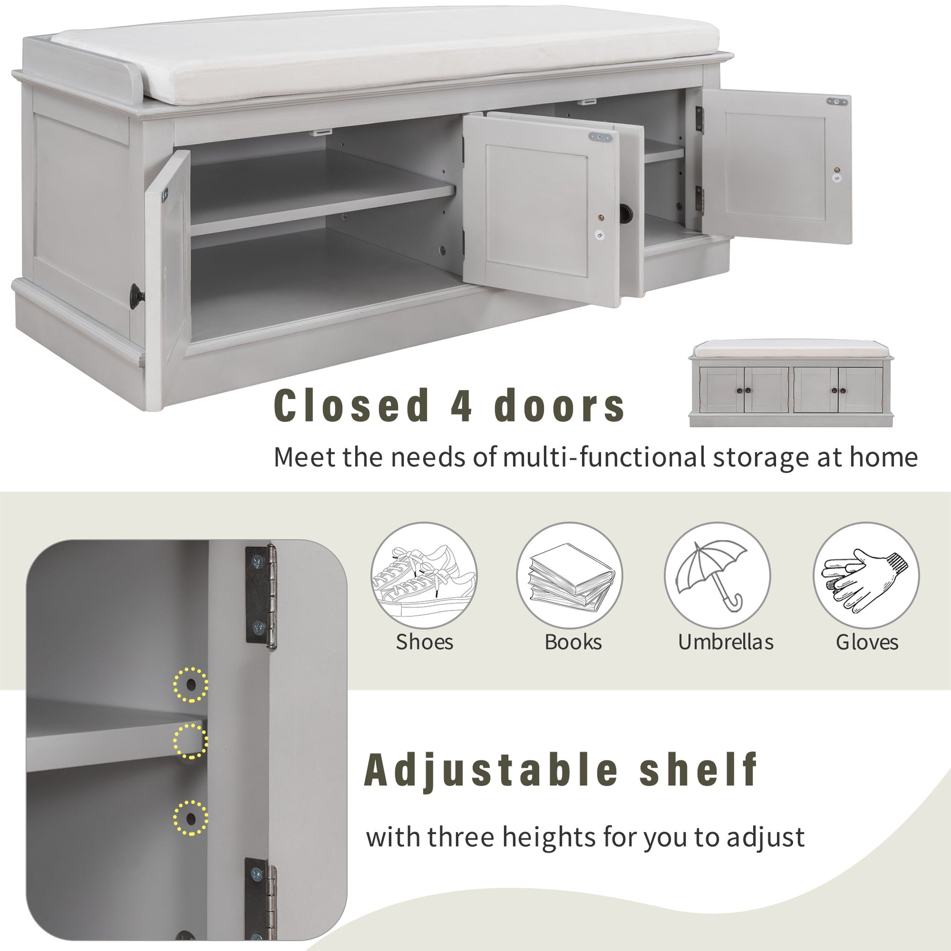TREXM storage table with 4 doors and adjustable shelves and detachable cushioned shoe stand(Gray Wash) - Korvel