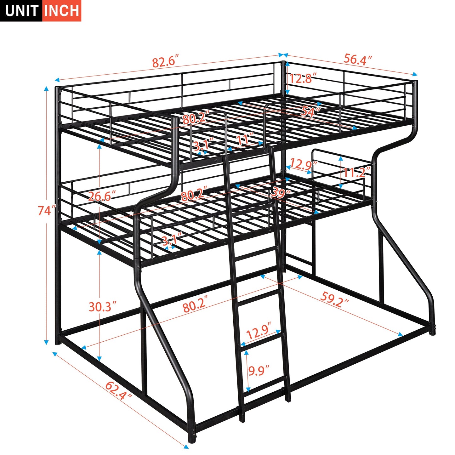 Full XL over Twin XL over Queen Size Triple Bunk Bed with Long and Short Ladder,Black - Korvel