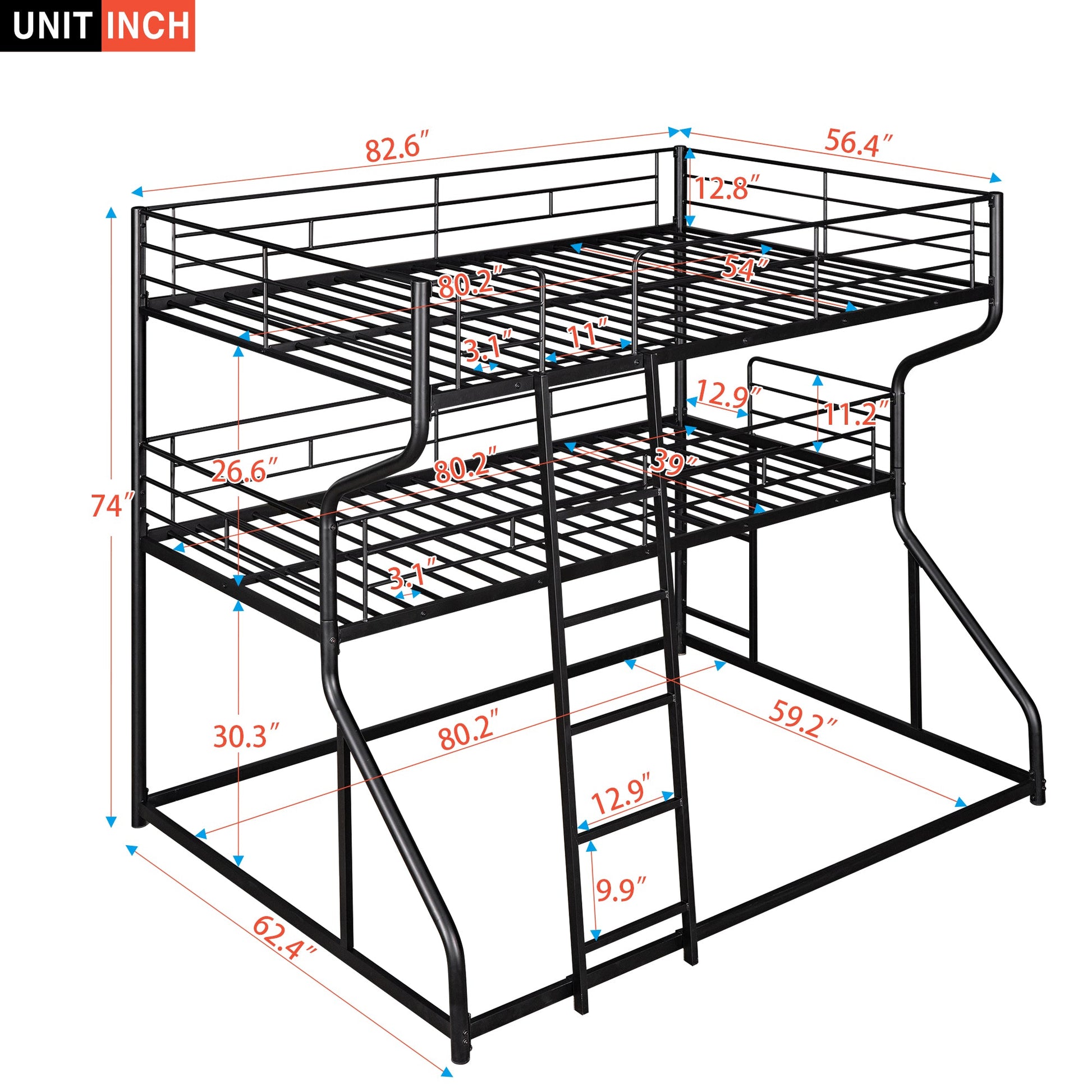 Full XL over Twin XL over Queen Size Triple Bunk Bed with Long and Short Ladder,Black - Korvel
