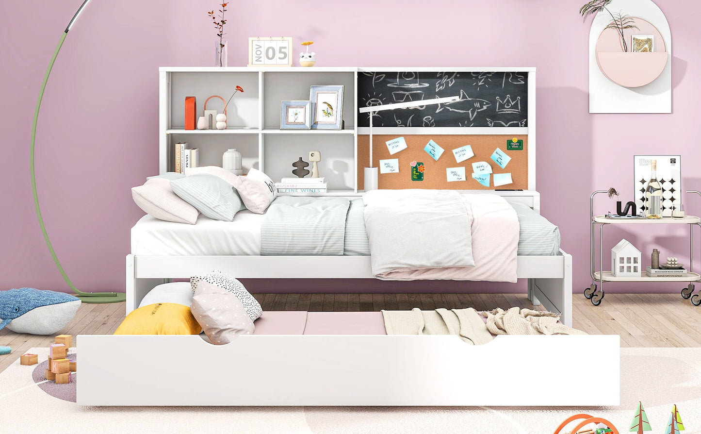 Cama nido elegante de tamaño twin con almacenamiento y cama extraíble - Blanca