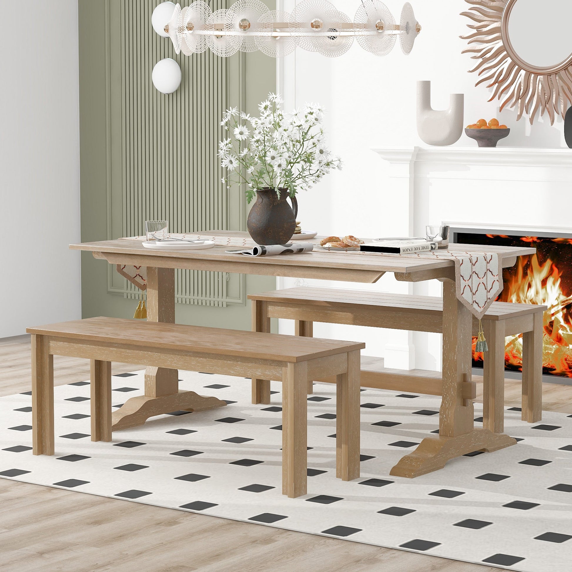 TREXM 3-piece retro dining table, rectangular stand table, and 2 4-person wooden stools (made of natural wood) - Korvel