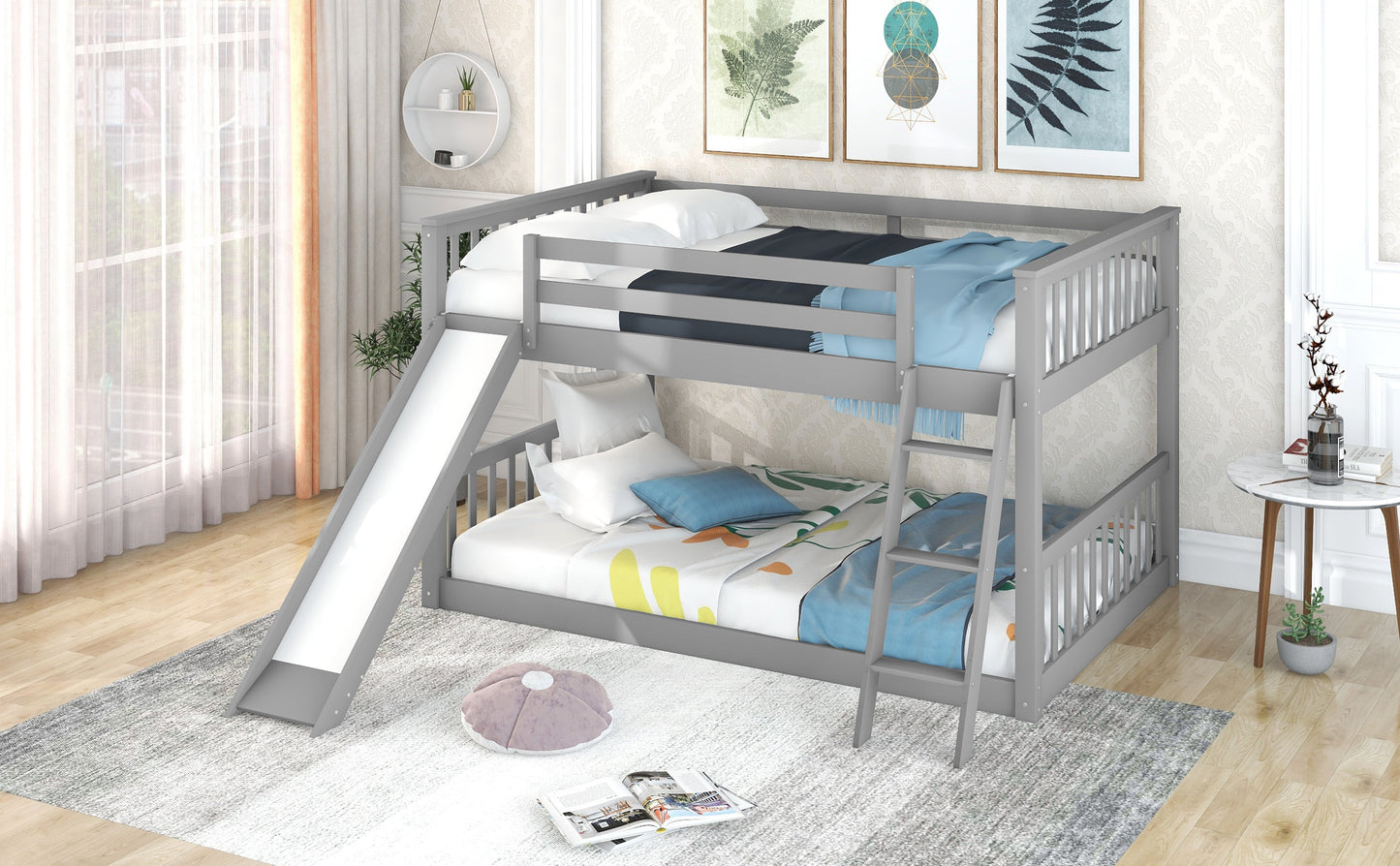 Full over Full Bunk Bed with Convertible Slide and Ladder  Gray - Korvel