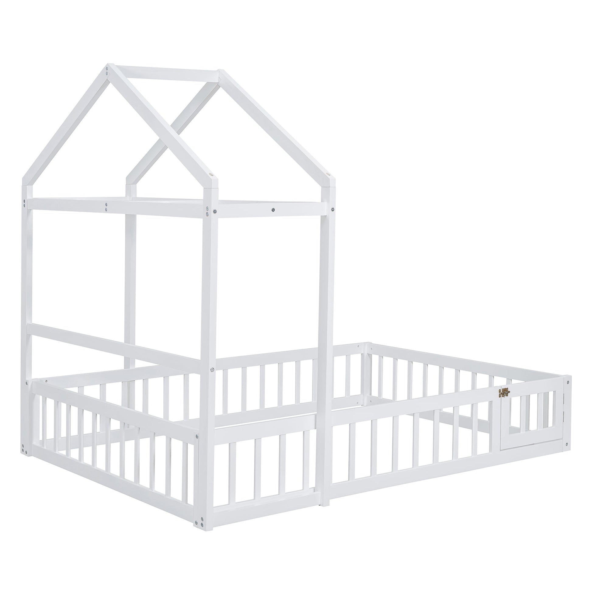Wooden Full Size Children's Bed with Detachable Headboard and Integrated Clothes Drying Rack, White - Korvel