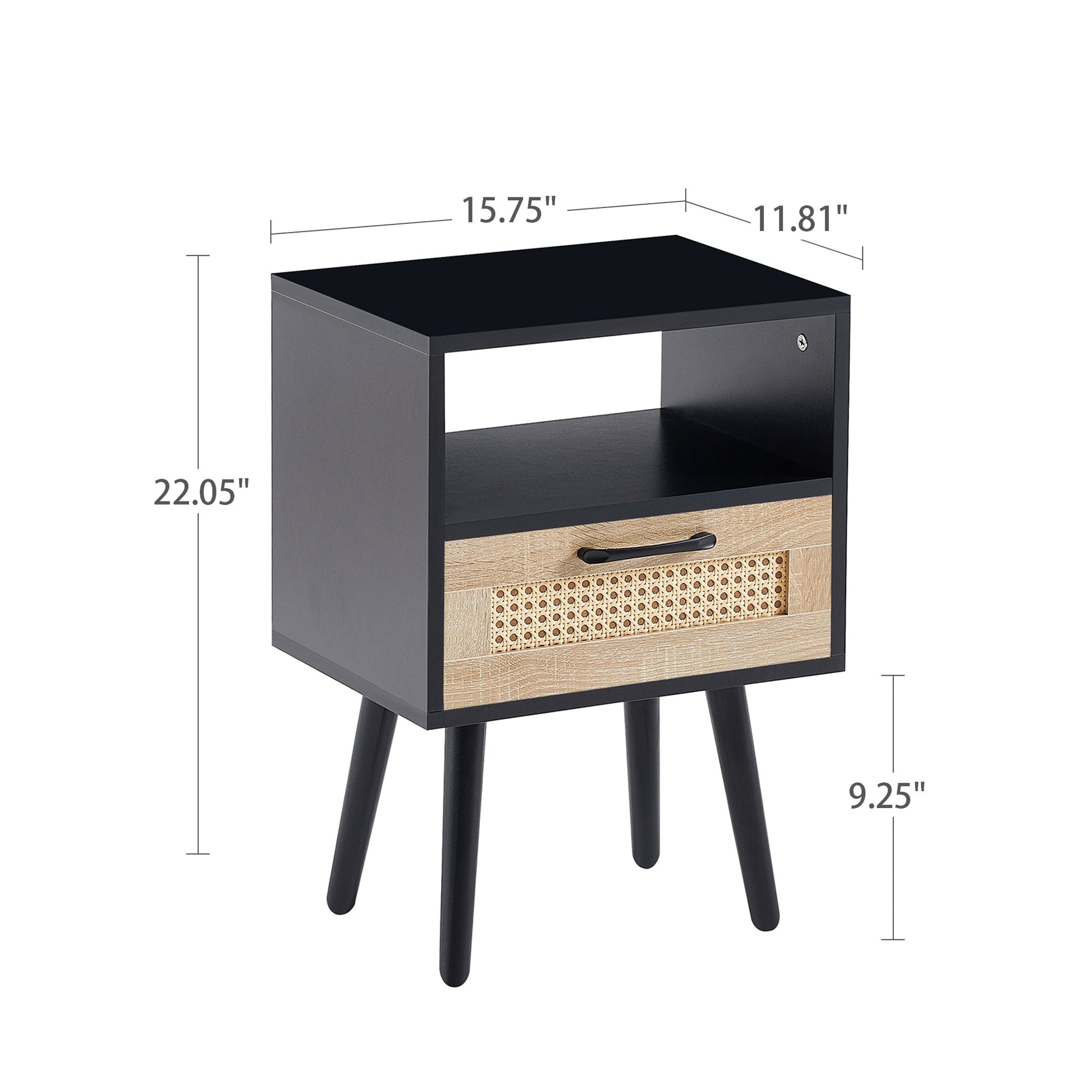 15.75" Rattan End table with drawer and solid wood legs Modern nightstand side table for living room black - Korvel