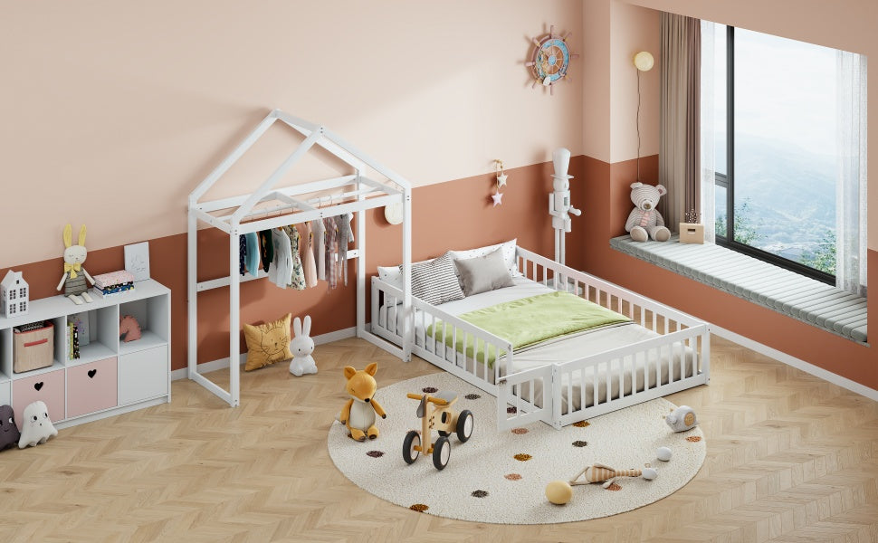 Wooden Full Size Children's Bed with Detachable Headboard and Integrated Clothes Drying Rack, White - Korvel