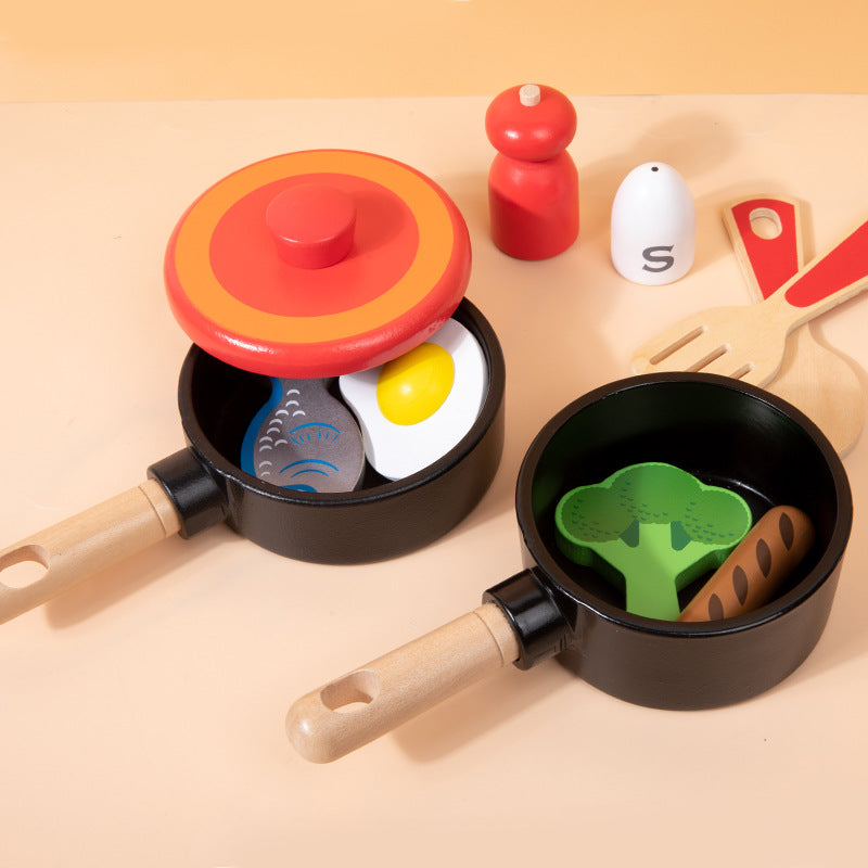 Children's wooden simulation home cooking pot set kitchen cooking with joy cooking utensils wooden toys - Korvel