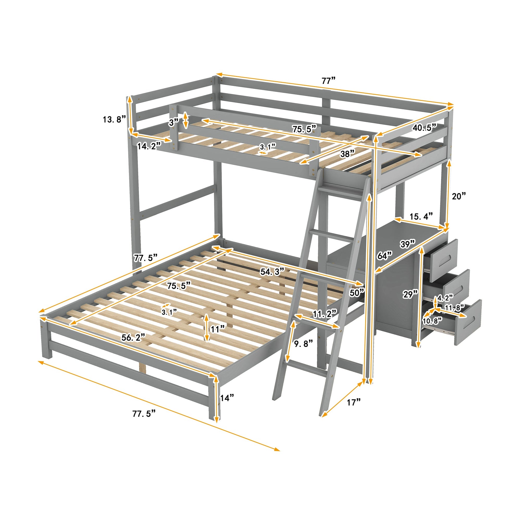 Twin over Full Bunk Bed with Built-in Desk and Three Drawers Grey - Korvel