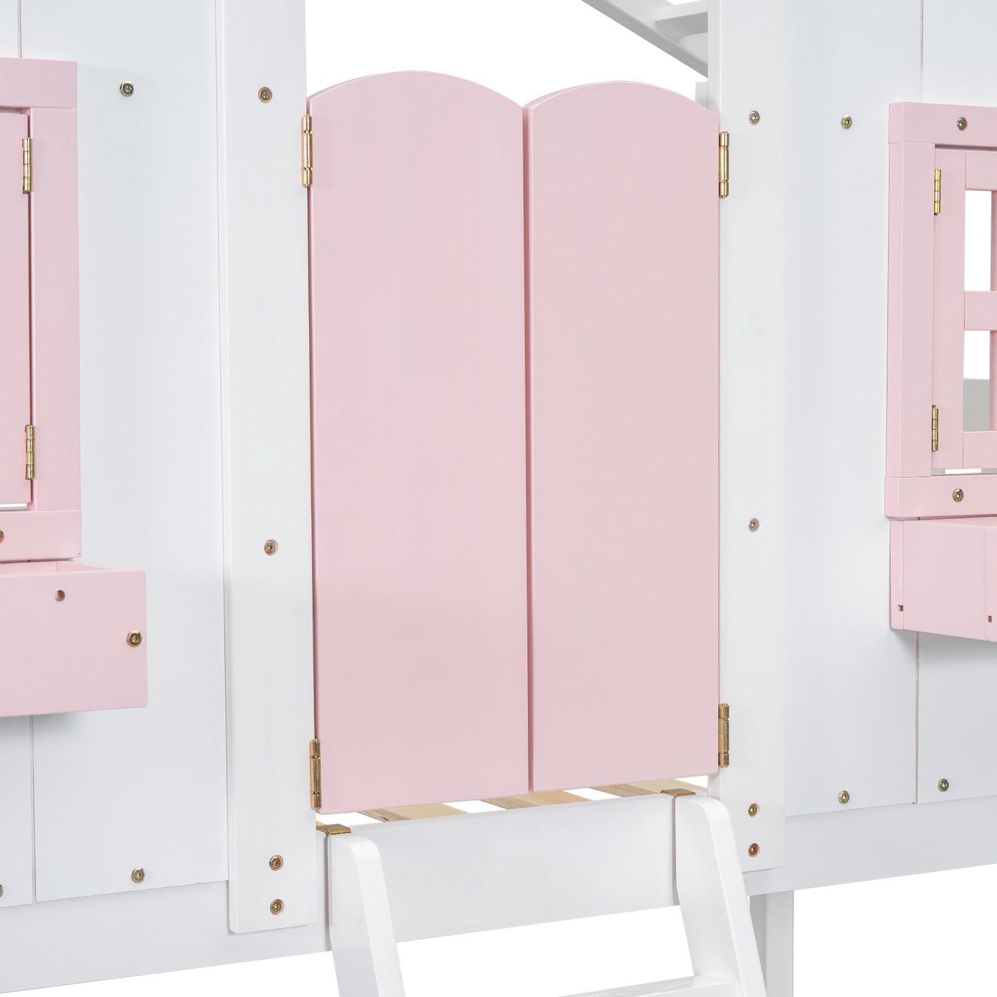 Twin over Twin House Bunk Bed with Roof , Window, Window Box, Door , with Safety Guardrails and Ladder, Pink/White - Korvel